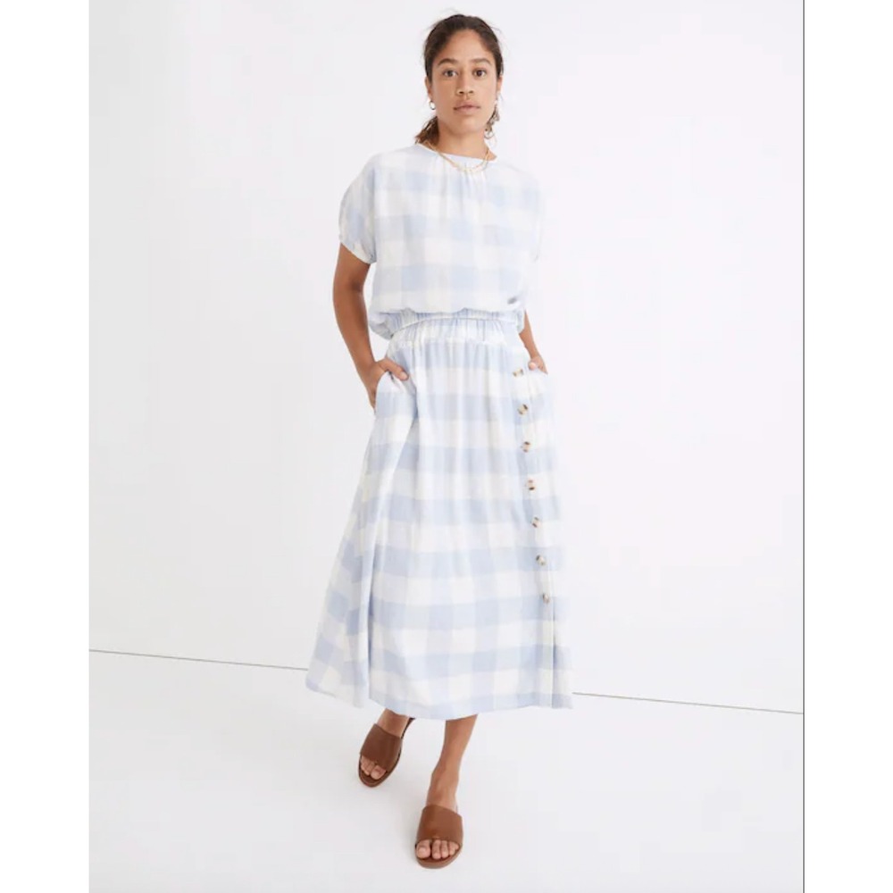 Madewell Linen Blend Blue White Buffalo Check Top and Skirt Set Medium